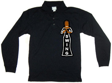 long-sleeve polo w/ large Swing hand-sign lady, starts at $64.99